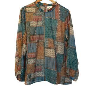 World Market Boho Patchwork Long‎ Sleeve Sheer Blouse L Fall Autumn Cottagecore